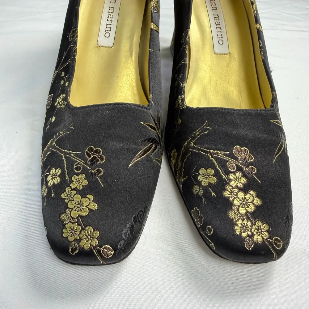 Vintage 90s Ann Marino Heels Brocade‎ Square Toe 7.5 Elegant Black Gold Shoes